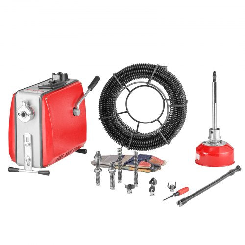 Avloppsrensningsmaskin, 500W 1400 RPM elektrisk rörrensningsmaskin för avlopp med slang med 20m x 16mm, 5m x 9.5mm och 0.4m x 16mm stålfjädervajer och 8 avbitartänger, passar rör med 50-110 mm diameter