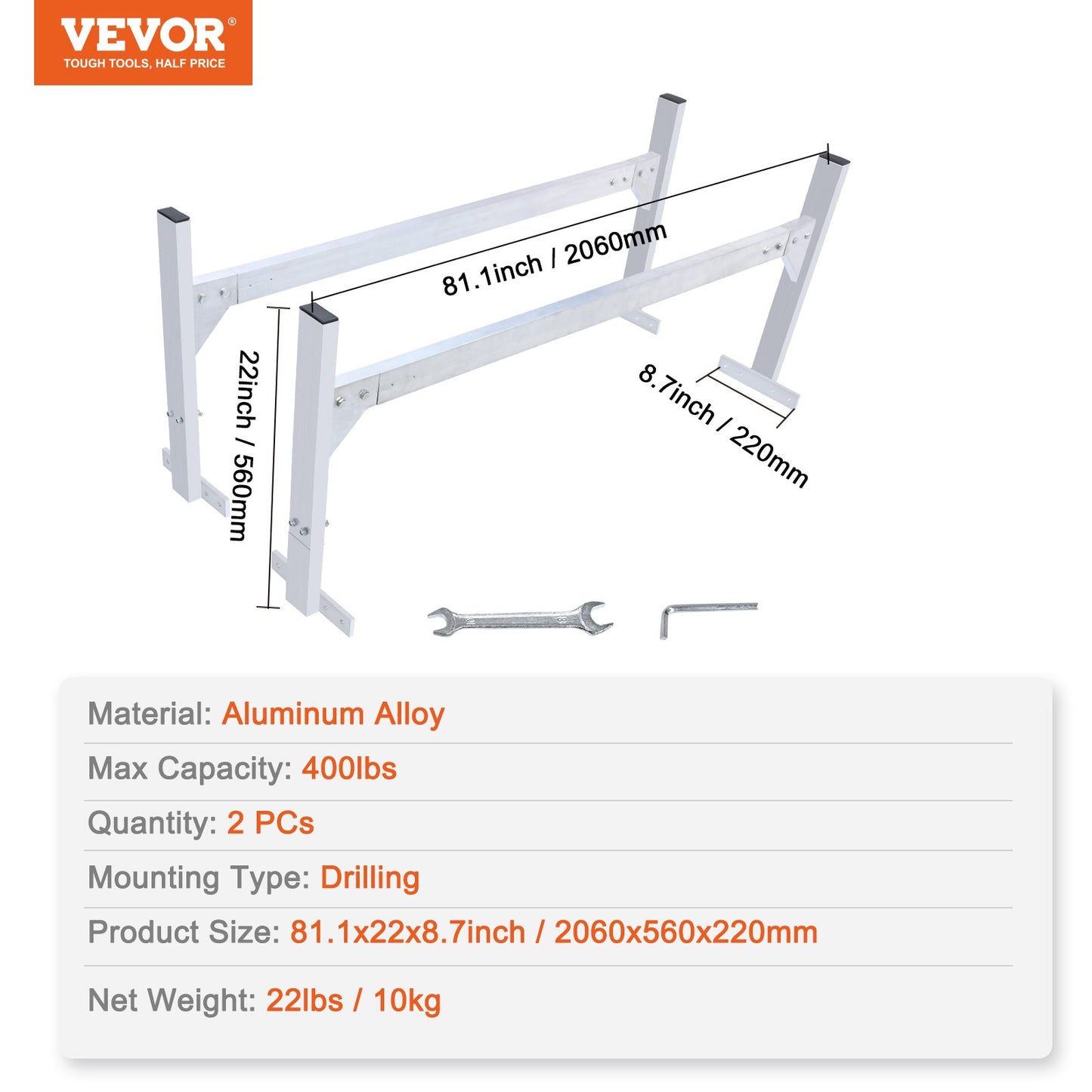 Takräcke för skåpbil, 2 takräcken i aluminiumlegering, 181 kg kapacitet för takrännor, justerbar längd 1300-2060 mm, stegräcke för skåpbil, last, släpvagn