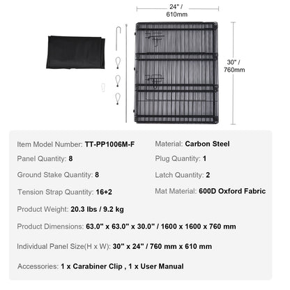 Hundhage, 8 st. 30"H x 24"B paneler vikbar metallträningspenna för husdjur, hundstaket för inomhus- och utomhusbruk med dörr, bottenplatta av 600D Oxfordtyg, lekhage för hundar, katter, andra smådjur