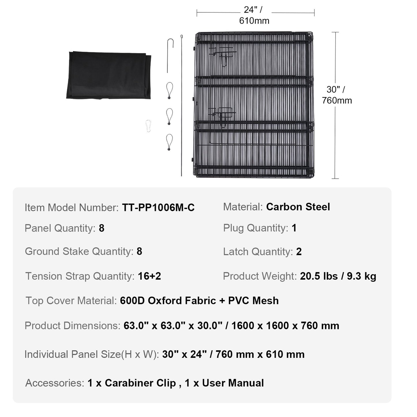 Hundhage, 8 st. 30"H x 24"B paneler vikbar metallträningshage för husdjur, hundstaket för inomhus- och utomhusbruk med dörr, 600D Oxfordtyg topplock, lekhage för hundar, katter, andra smådjur