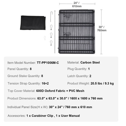 Hundhage, 8 st. 30"H x 24"B paneler vikbar metallträningshage för husdjur, hundstaket för inomhus- och utomhusbruk med dörr, 600D Oxfordtyg topplock, lekhage för hundar, katter, andra smådjur