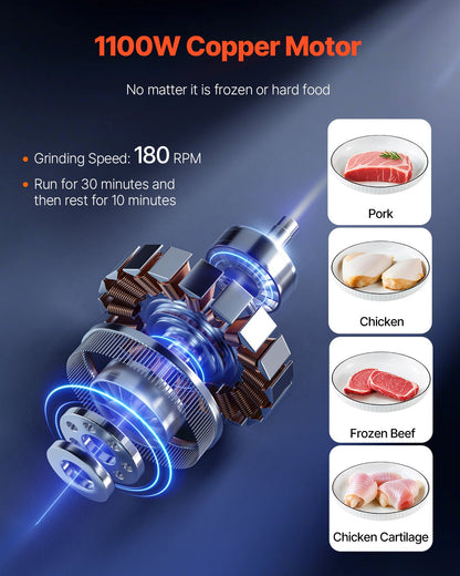 Köttkvarn, elektrisk köttkvarn på 14 lbs/min, skivare, korvfyllare med blad, malplatta, korvtillverkare, köttkvarnsskåp i rostfritt stål för strimlad köttfärs, restaurangslaktare
