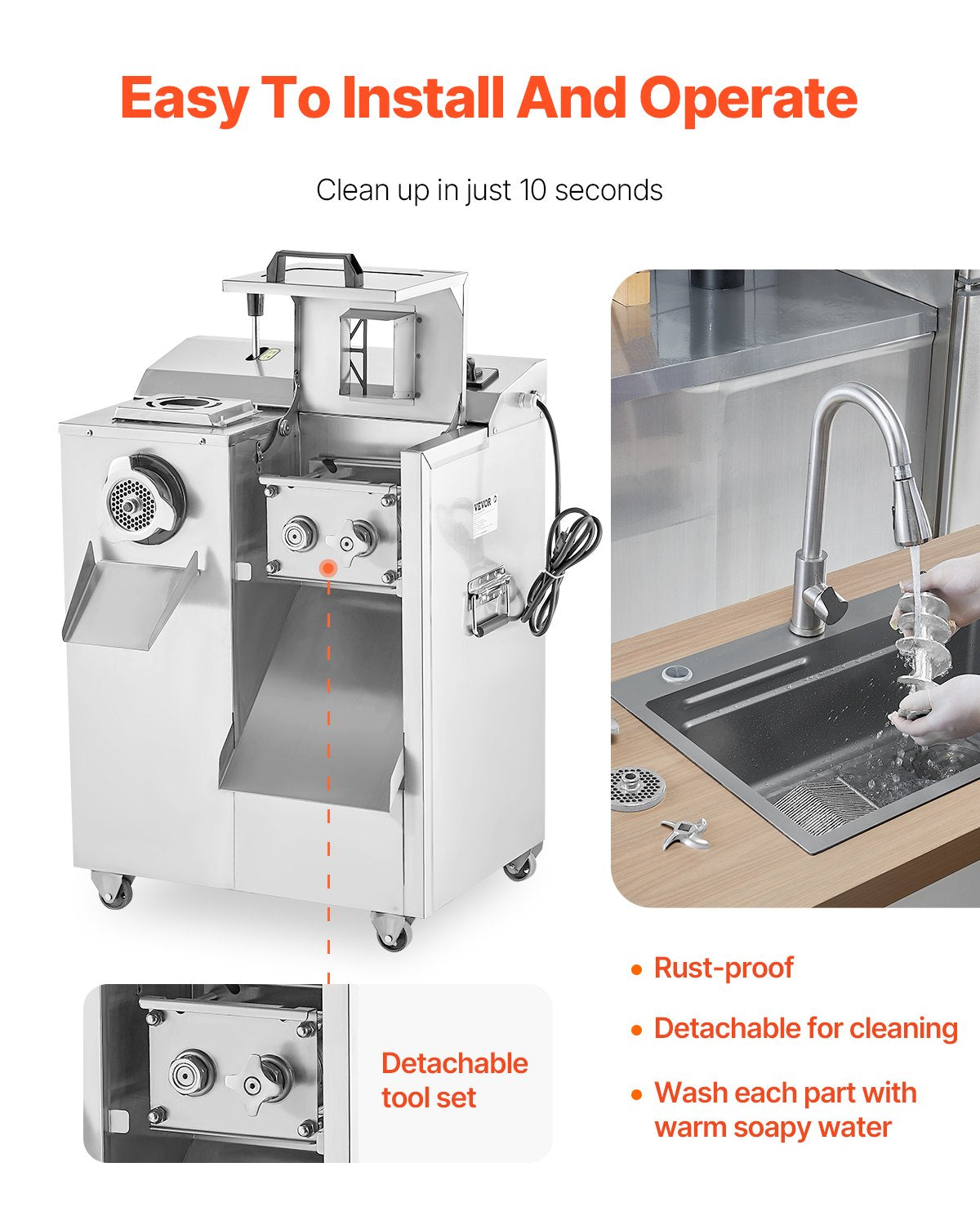 Köttkvarn, elektrisk köttkvarn på 14 lbs/min, skivare, korvfyllare med blad, malplatta, korvtillverkare, köttkvarnsskåp i rostfritt stål för strimlad köttfärs, restaurangslaktare