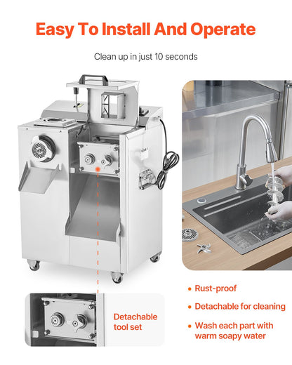 Köttkvarn, elektrisk köttkvarn på 14 lbs/min, skivare, korvfyllare med blad, malplatta, korvtillverkare, köttkvarnsskåp i rostfritt stål för strimlad köttfärs, restaurangslaktare