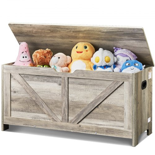 Träleksakslåda för barn, förvaringslåda för småbarn med fällbart lock och säkerhetsgångjärn, 91 x 38 x 41 cm stor förvaringsbänk för lekrum, sovrum, vardagsrum eller entré, grå