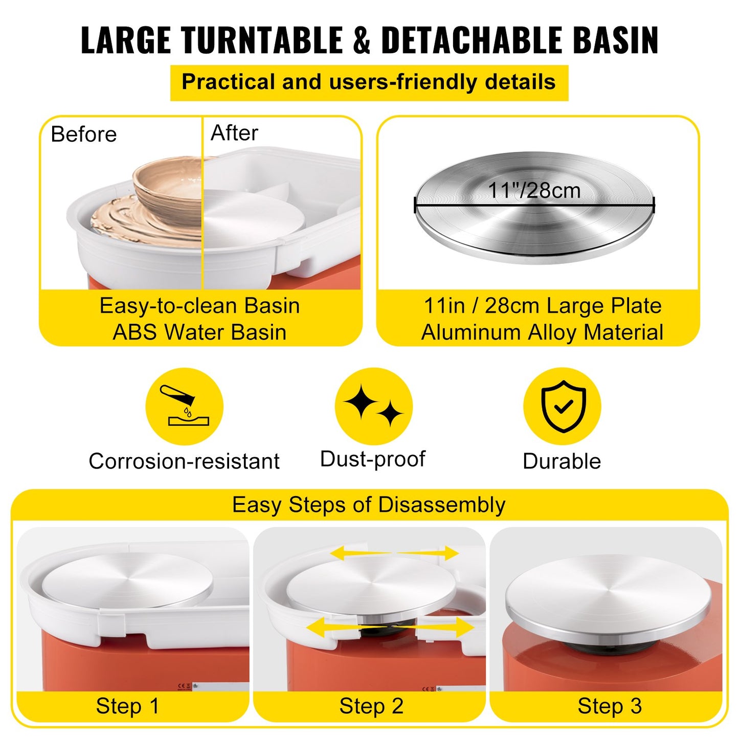 Keramikskiva 27,9 cm 0-300 varv/min keramisk skiva, 350 W justerbar hastighet formningsmaskin med skulpteringsverktyg och förkläde, avtagbar fotpedal för handfat, för konsthantverk och hem-Gör-det-själv, orange
