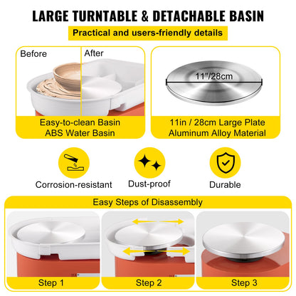 Keramikskiva 27,9 cm 0-300 varv/min keramisk skiva, 350 W justerbar hastighet formningsmaskin med skulpteringsverktyg och förkläde, avtagbar fotpedal för handfat, för konsthantverk och hem-Gör-det-själv, orange