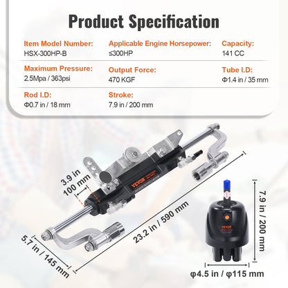 Hydrauliskt utombordsstyrningskit, 300 hk, hydrauliskt styrsystem för marinbåt, med tvåvägslåscylinder för roderpump och 792,5 cm hydraulisk styrslang, för båtar med en motorstation