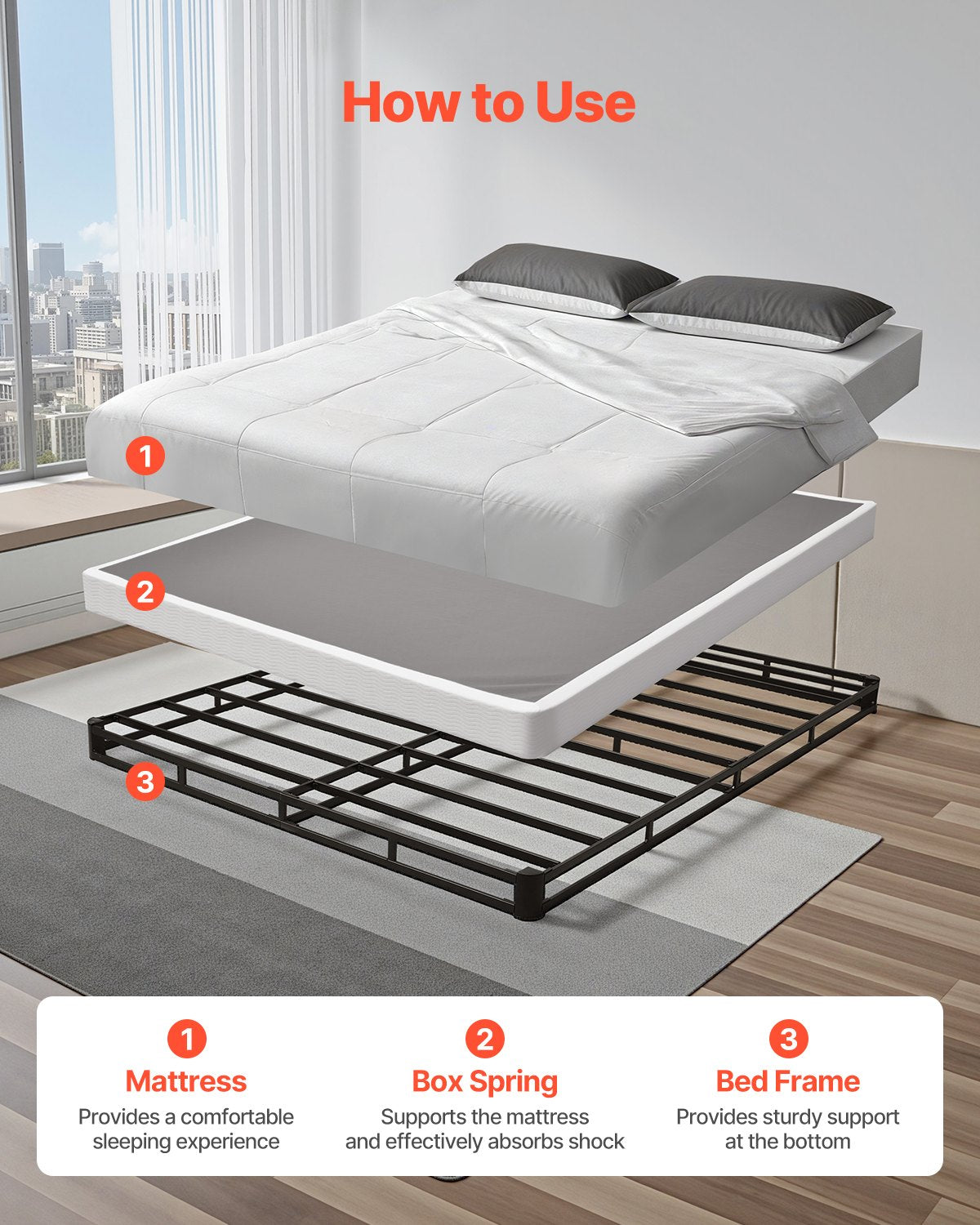 Boxspring, queen size-sängram med tvättbar tygduk, kraftig metallram för queen size-säng, 10 cm madrassfundament, maxvikt 1460 kg, enkel montering, 224 L x 144 B x 106 H