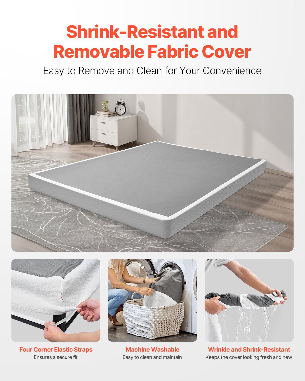 Boxspring, queen size-sängram med tvättbar tygduk, kraftig metallram för queen size-säng, 10 cm madrassfundament, maxvikt 1460 kg, enkel montering, 224 L x 144 B x 106 H