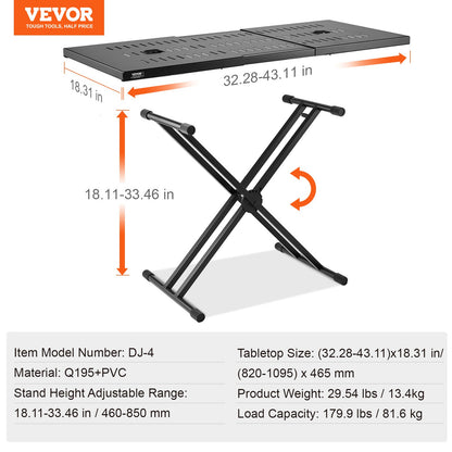 DJ-bordsstativ, (32"-43") x 18" bärbart DJ-laptop- och controllerstativ, lätt DJ-bord, DJ-bås, justerbar höjd, DJ-stativ, hopfällbart Double-X-keyboardstativ och bordsskiva, ljudmixerstativ