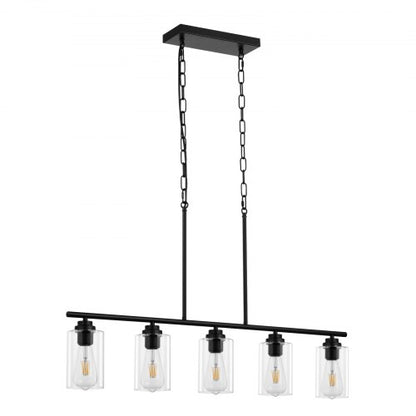 Pendellampa för köksö med 5 ljuskällor, 60W, justerbar matsal med lampskärm i klarglas, 4 stänger, 2 metallkedjor, metallram, linjära ljuskronor i lantlig stil för matsal, E27