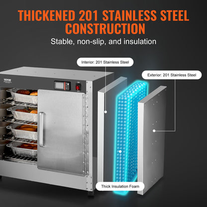 Matvärmare med varmlåda, 4-vånings koncessionsvärmare med vattenbricka, 4 pannor, dubbeldörrar och justerbara hyllor, matvärmarskåp i rostfritt stål, perfekt för förvaring av pizza, kyckling, restaurang