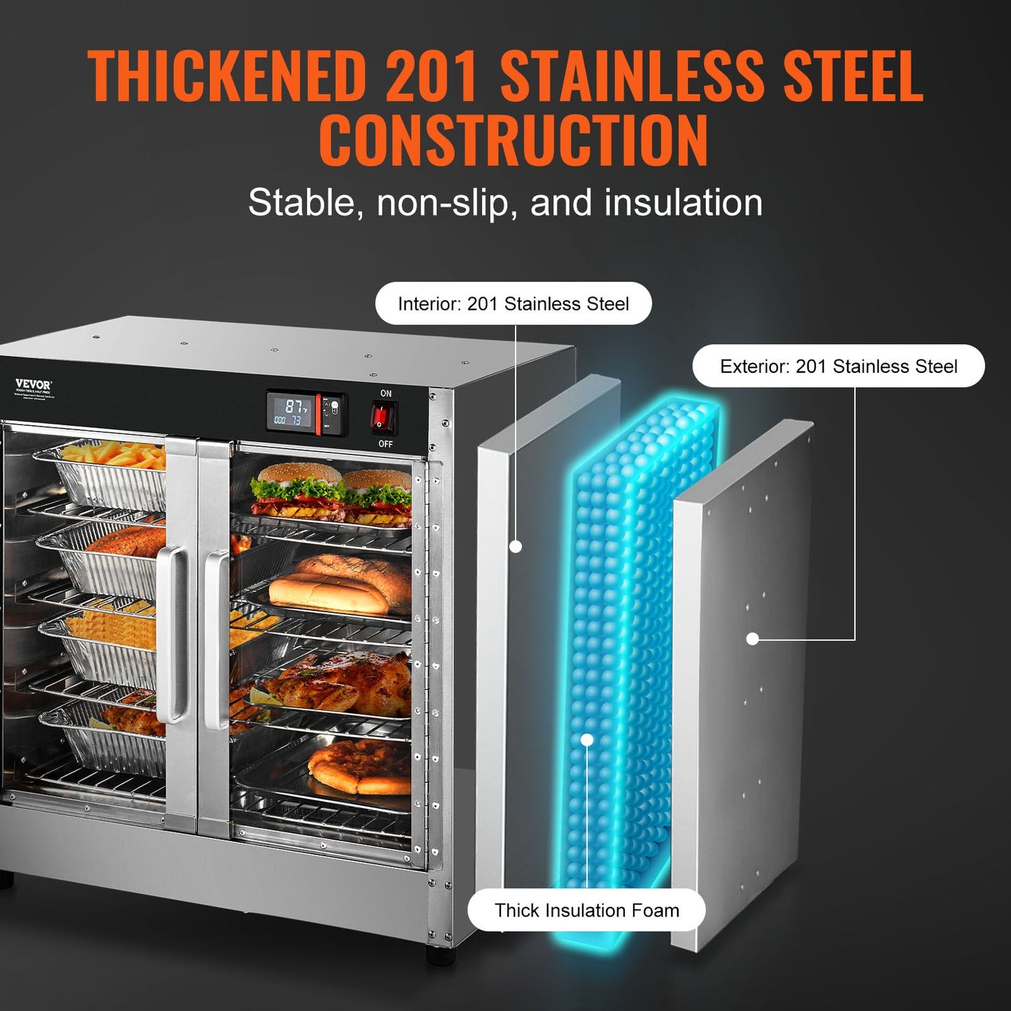 Matvärmare med varmlåda, 4-vånings koncessionsvärmare med vattenbricka, 4 pannor, dubbeldörrar i glas och justerbara hyllor, matvärmarskåp i rostfritt stål, perfekt för förvaring av pizza, kyckling, restaurang