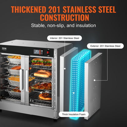 Matvärmare med varmlåda, 4-vånings koncessionsvärmare med vattenbricka, 4 pannor, dubbeldörrar i glas och justerbara hyllor, matvärmarskåp i rostfritt stål, perfekt för förvaring av pizza, kyckling, restaurang