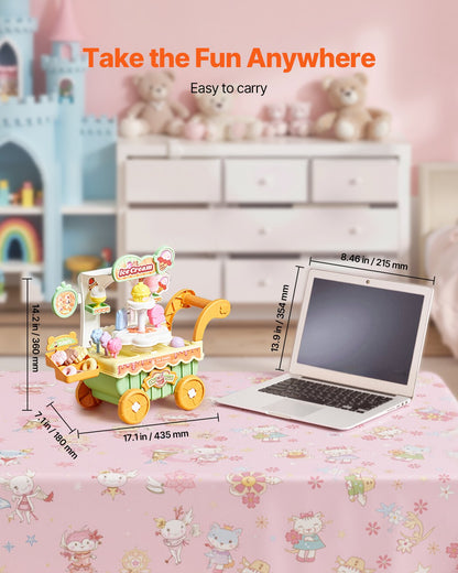 Glassvagn för barn, 27 delar tillbehör, låtsaslekaffär med förvaringsvagn med låtsaspengar, ljud- och ljuseffekter, Montessoripedagogiska glassbilleksaker för småbarn 3+