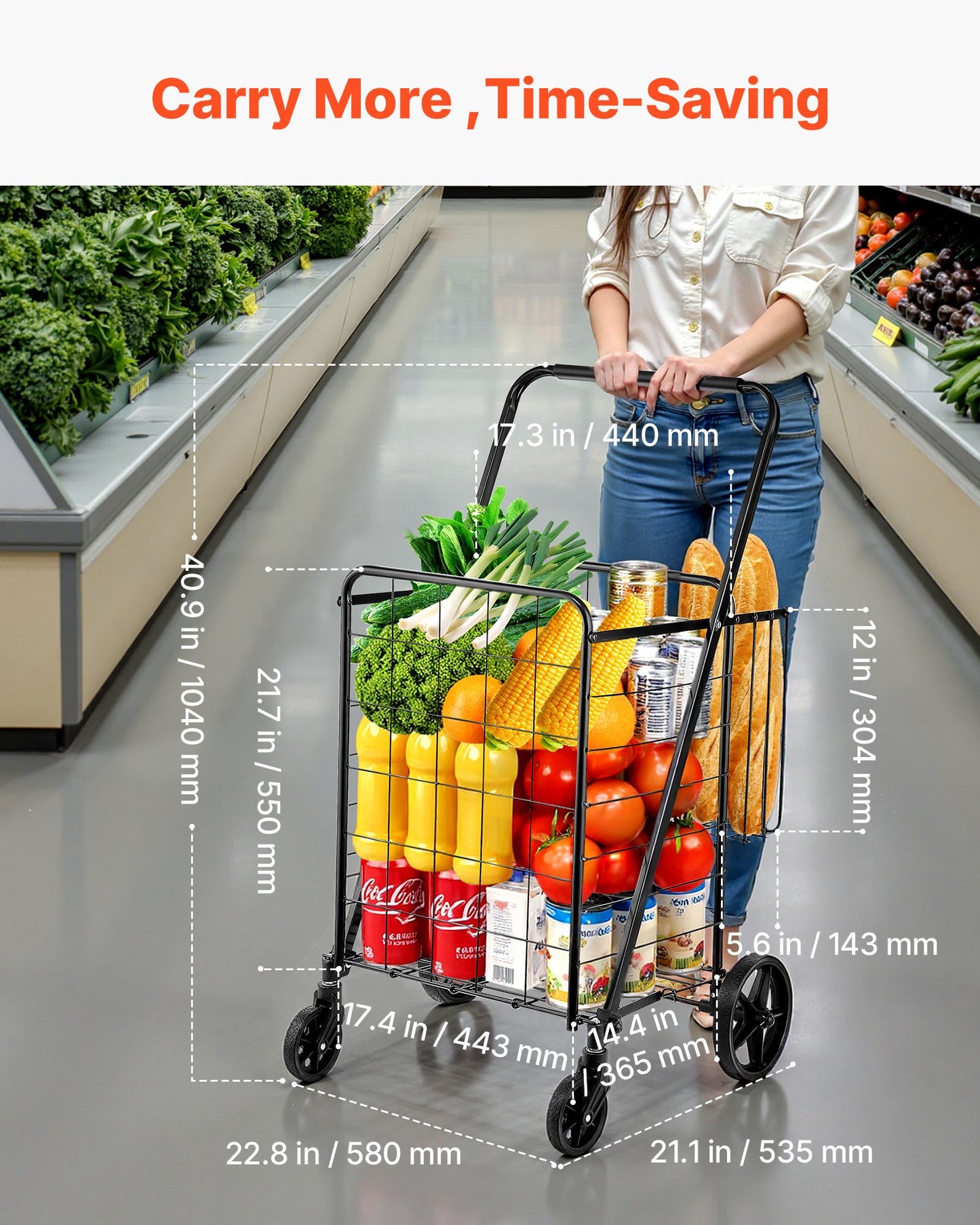 Hopfällbar kundvagn, jumbo matvagn med dubbla korgar, 360° svängbara hjul, kraftig verktygsvagn, 110 kg stor kapacitet för tvätt, shopping, matvaror, bagage