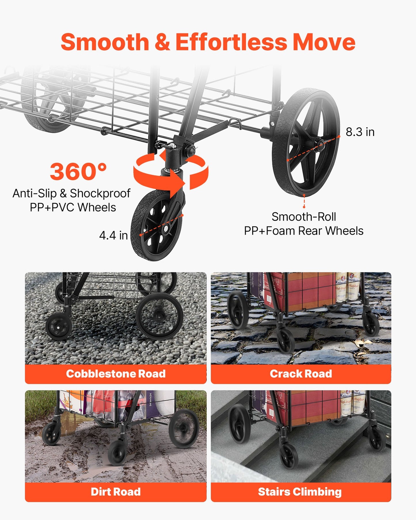 Hopfällbar kundvagn, jumbo matvagn med dubbla korgar, 360° svängbara hjul, kraftig verktygsvagn, 110 kg stor kapacitet för tvätt, shopping, matvaror, bagage