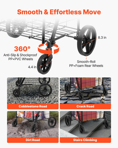 Hopfällbar kundvagn, jumbo matvagn med dubbla korgar, 360° svängbara hjul, kraftig verktygsvagn, 110 kg stor kapacitet för tvätt, shopping, matvaror, bagage