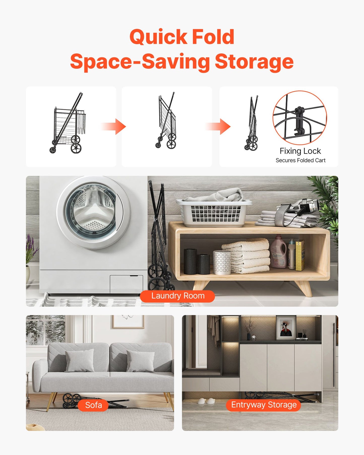 Hopfällbar kundvagn, jumbo matvagn med dubbla korgar, 360° svängbara hjul, kraftig verktygsvagn, 110 kg stor kapacitet för tvätt, shopping, matvaror, bagage