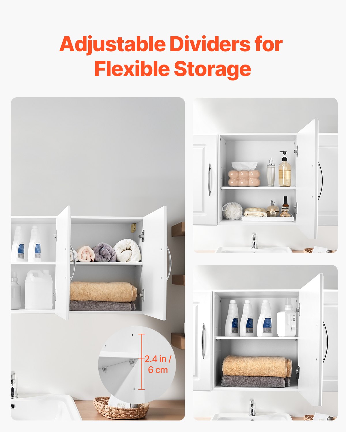 Väggskåp för tvättstuga, väggmonterat hängande skåp i 2 våningar med 3 dörrar, skåporganiserare med justerbar hylla, för kök, garage, tvättstuga, 30,6 x 132 x 51 cm (D x B x H), vit