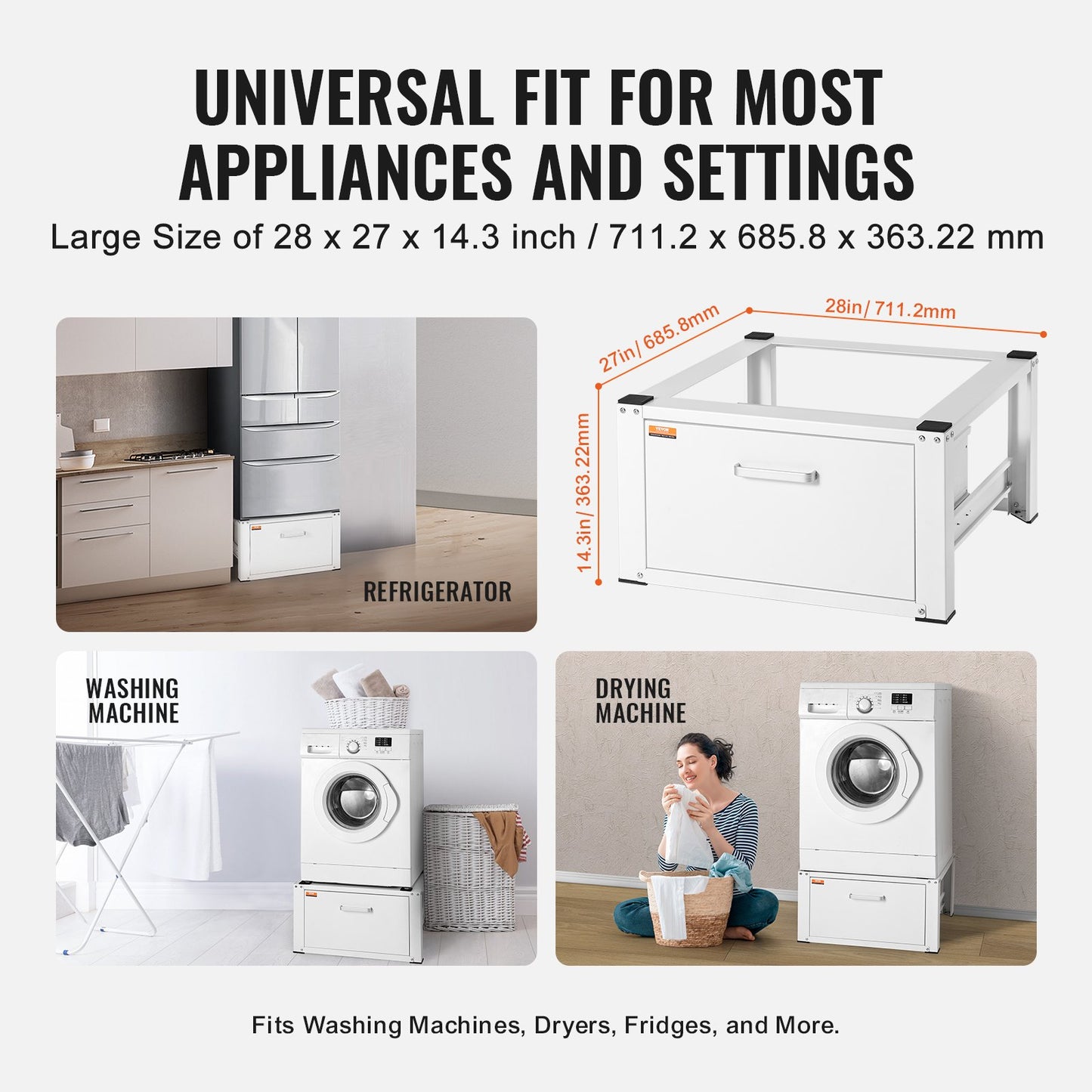 Tvättstativ 686 mm B x 366 mm H, tvättmaskin och torktumlare basplattform universal passform 299 kg kapacitet, kraftig multifunktionell bas för tvättmaskin med låda och omfattande tillbehör