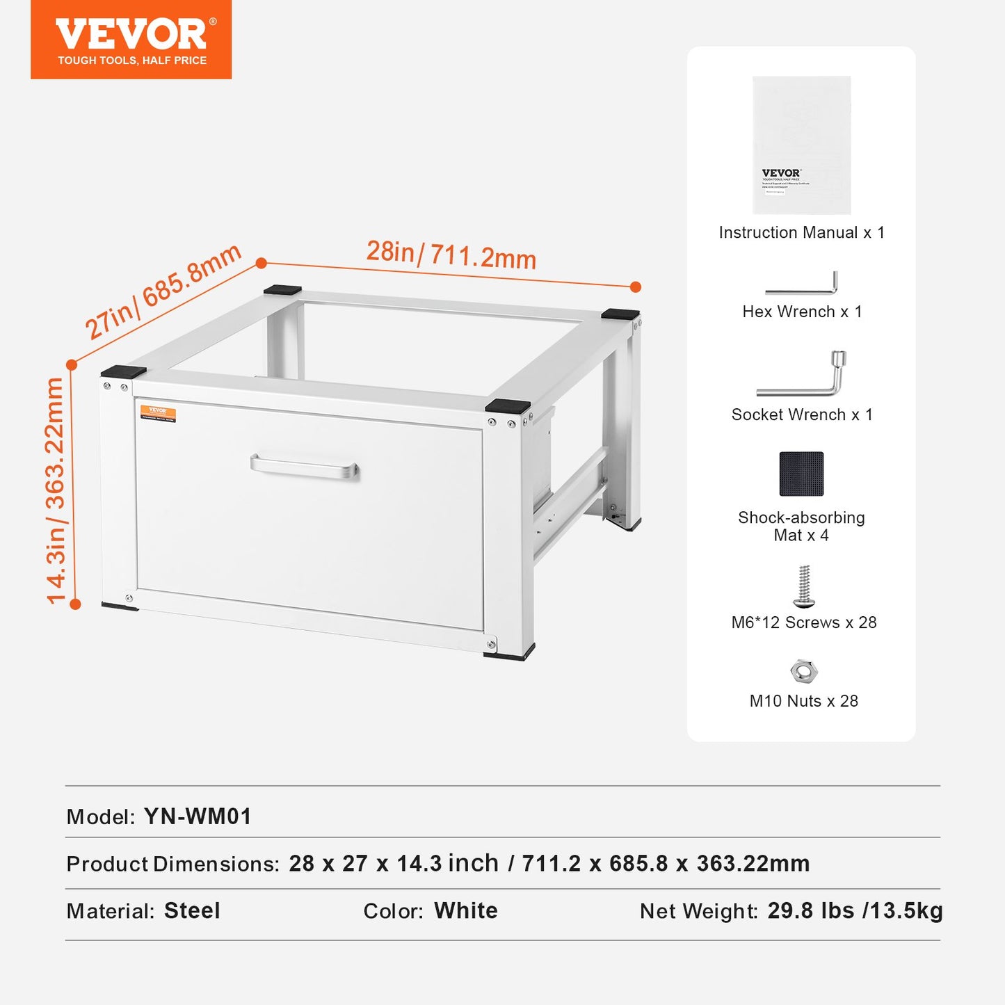 Tvättstativ 686 mm B x 366 mm H, tvättmaskin och torktumlare basplattform universal passform 299 kg kapacitet, kraftig multifunktionell bas för tvättmaskin med låda och omfattande tillbehör