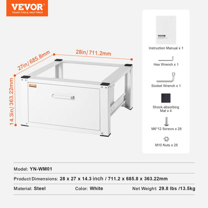 Tvättstativ 686 mm B x 366 mm H, tvättmaskin och torktumlare basplattform universal passform 299 kg kapacitet, kraftig multifunktionell bas för tvättmaskin med låda och omfattande tillbehör