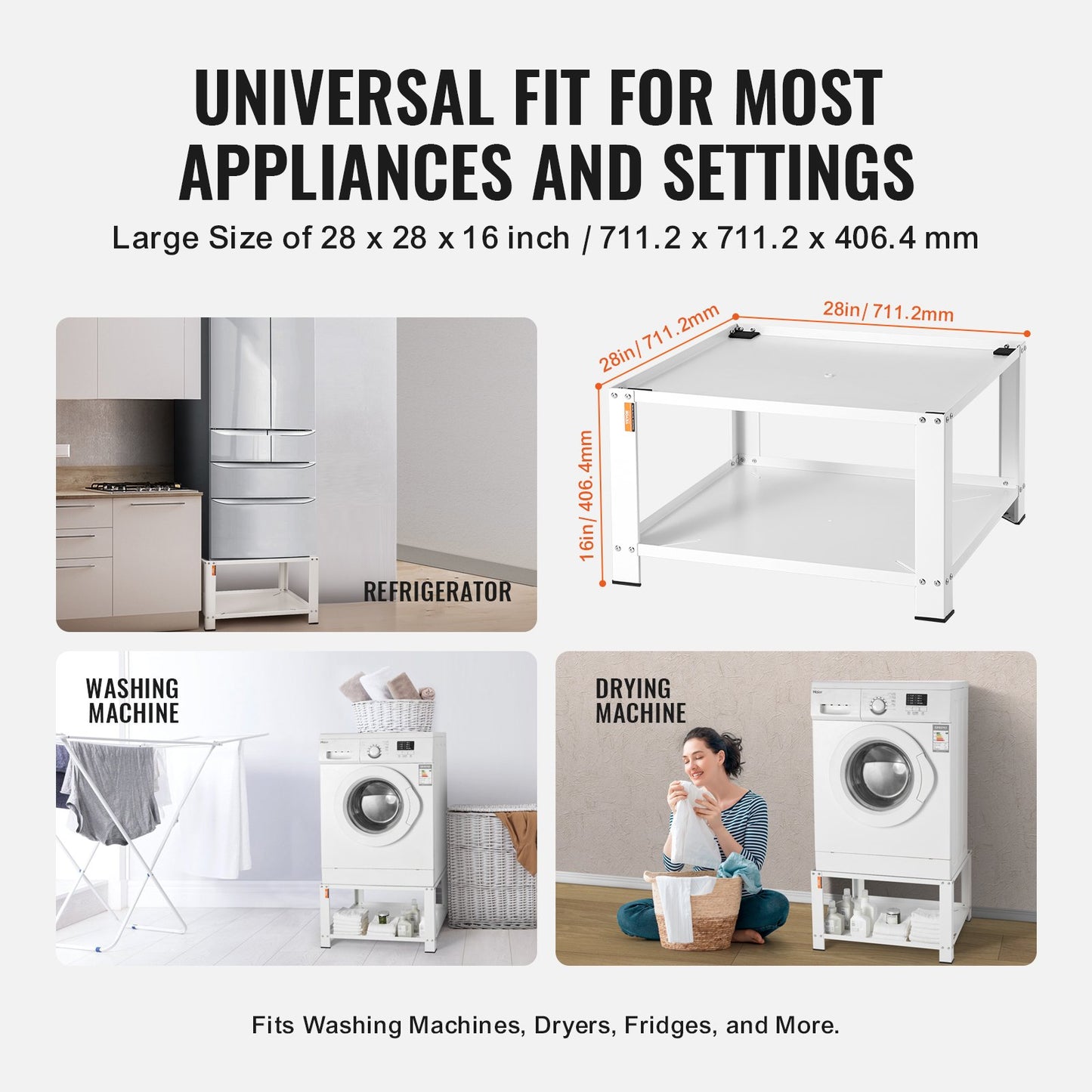Tvättstativ med förvaringshylla, 711Lx711Bx406H mm, tvättmaskin- och torktumlare-basplattform, universalpassning, 299 kg kapacitet, kraftigt stålbas för tvättmaskin