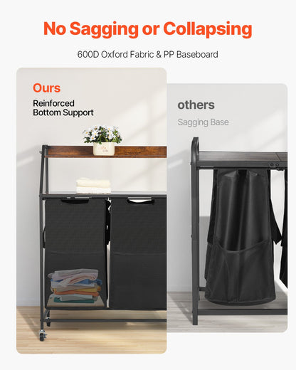 2-våningars tvättkorg, hög tvättkorg med metallram och träbordsskiva, 2-sektioners rullkorg med steghyllor och 600D Oxford-tygpåsar för smutsiga kläder