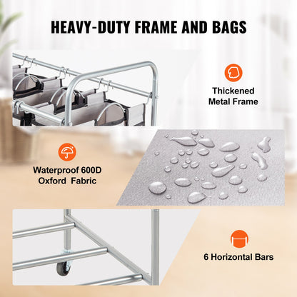 Tvättkorg med 4 sektioner, tvättkorg med kraftiga låsbara hjul och 4 avtagbara påsar, rullande tvättkorg för klädförvaring