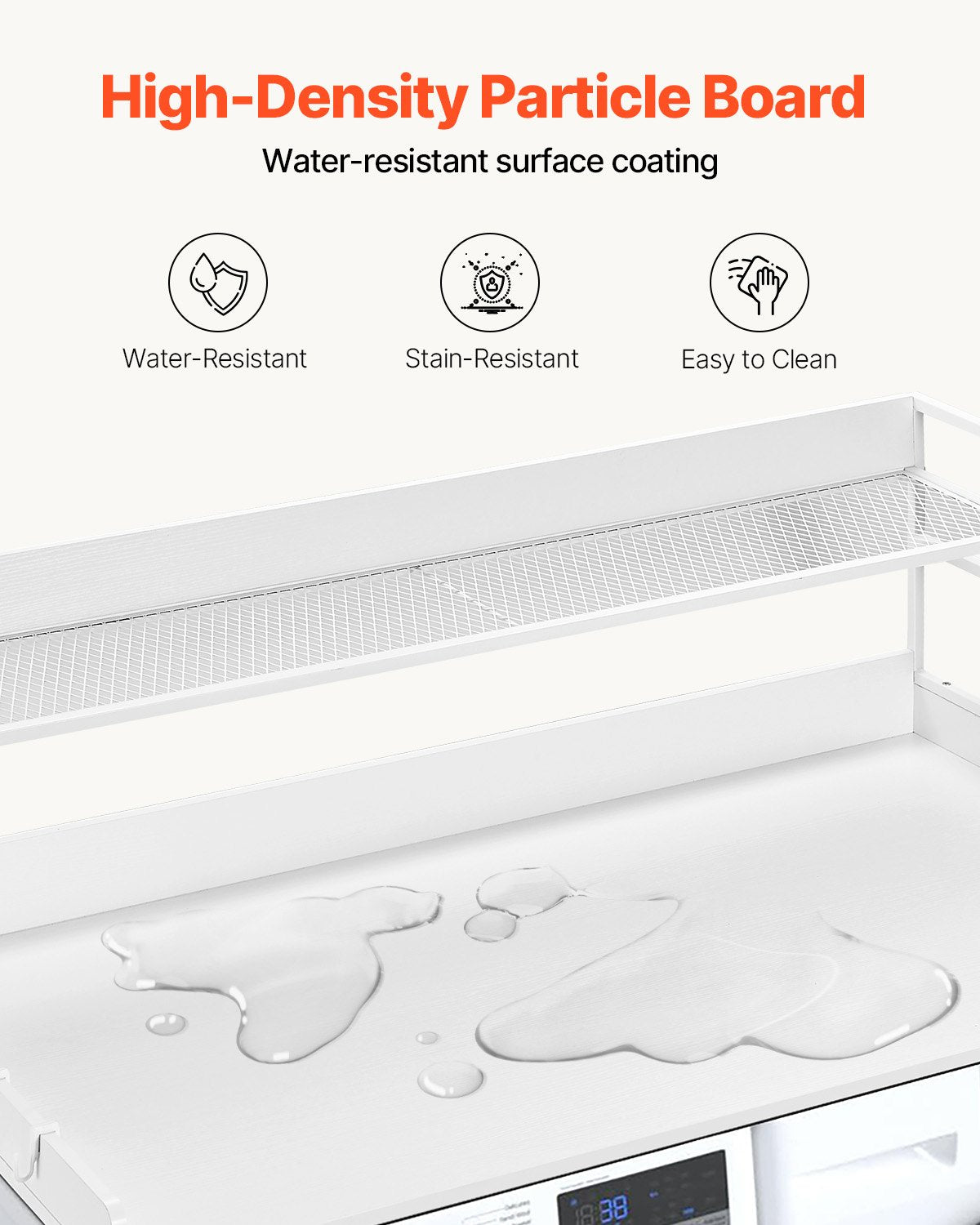 Bänkskiva för tvättmaskin/torktumlare med hyllplan i två nivåer, 136 x 61 cm träbänkskiva för tvättmaskin och torktumlare med halkfria dynor, vattentåligt tvättöverdrag för organisering och förvaring av tvättstugan, vit