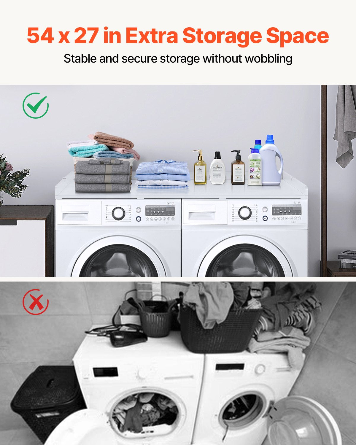 Bänkskiva för tvättmaskin/torktumlare, 136 x 61 cm bänkskiva i trä för tvättmaskin och torktumlare, vattentåligt tvättmaskinsöverdrag med halkfria dynor, för organisering och förvaring av tvättstugan, vit