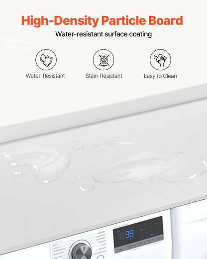 Bänkskiva för tvättmaskin/torktumlare, 136 x 61 cm bänkskiva i trä för tvättmaskin och torktumlare, vattentåligt tvättmaskinsöverdrag med halkfria dynor, för organisering och förvaring av tvättstugan, vit