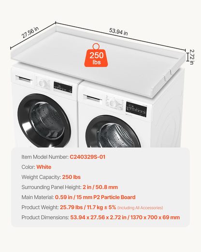 Bänkskiva för tvättmaskin/torktumlare, 136 x 61 cm bänkskiva i trä för tvättmaskin och torktumlare, vattentåligt tvättmaskinsöverdrag med halkfria dynor, för organisering och förvaring av tvättstugan, vit