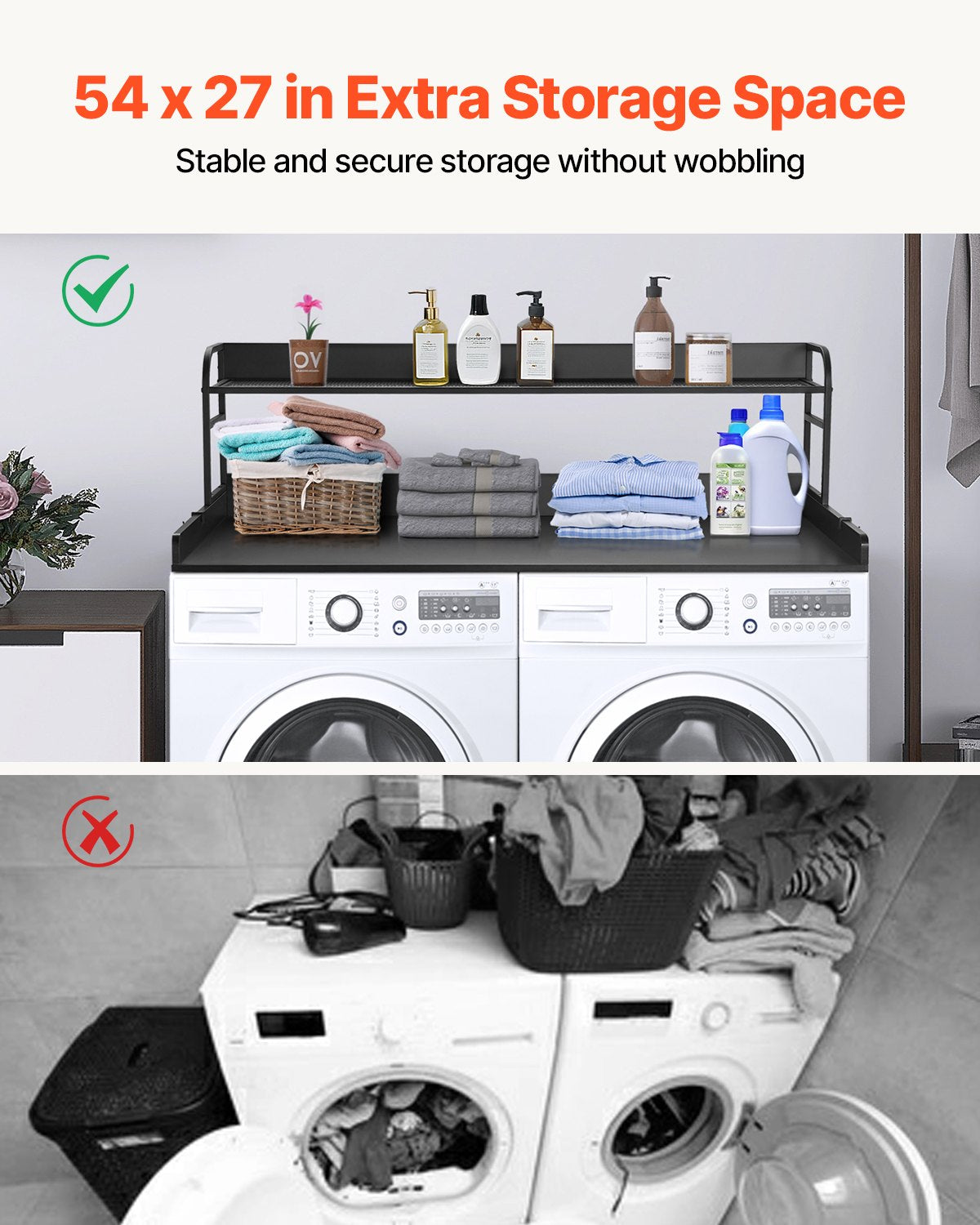Bänkskiva för tvättmaskin/torktumlare med hyllplan i två nivåer, 136 x 61 cm träbänkskiva för tvättmaskin och torktumlare med halkfria dynor, vattentåligt tvättöverdrag för organisering och förvaring av tvättstugan, svart