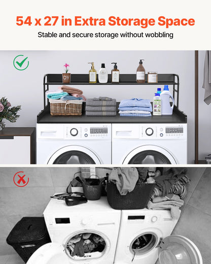 Bänkskiva för tvättmaskin/torktumlare med hyllplan i två nivåer, 136 x 61 cm träbänkskiva för tvättmaskin och torktumlare med halkfria dynor, vattentåligt tvättöverdrag för organisering och förvaring av tvättstugan, svart