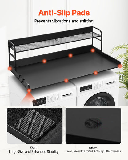 Bänkskiva för tvättmaskin/torktumlare med hyllplan i två nivåer, 136 x 61 cm träbänkskiva för tvättmaskin och torktumlare med halkfria dynor, vattentåligt tvättöverdrag för organisering och förvaring av tvättstugan, svart