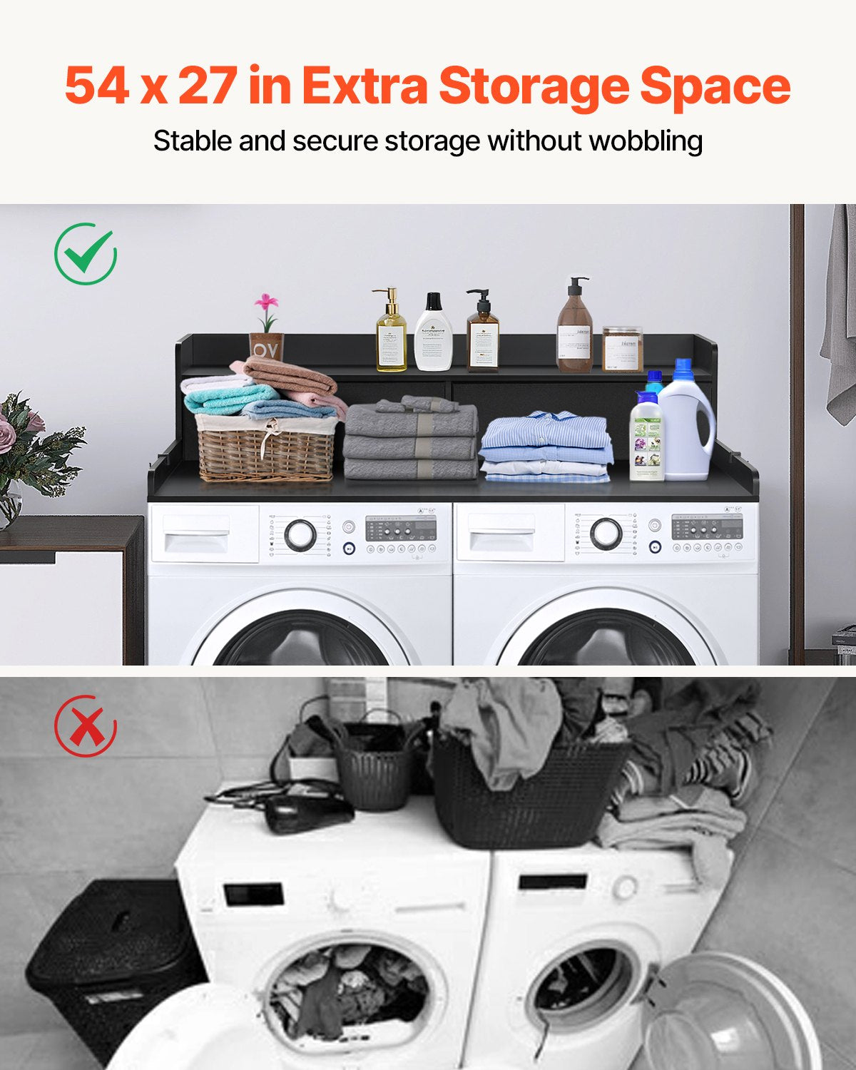 Bänkskiva med 2 lådor och hyllplan i två nivåer, 136 x 61 cm träbänkskiva för tvättmaskin och torktumlare med halkfria underlägg, vattentålig tvättyta för organisering av tvättstugan, svart