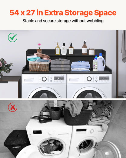 Bänkskiva med 2 lådor och hyllplan i två nivåer, 136 x 61 cm träbänkskiva för tvättmaskin och torktumlare med halkfria underlägg, vattentålig tvättyta för organisering av tvättstugan, svart