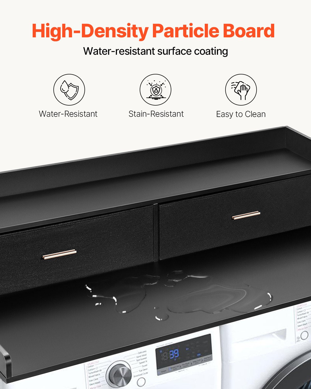 Bänkskiva med 2 lådor och hyllplan i två nivåer, 136 x 61 cm träbänkskiva för tvättmaskin och torktumlare med halkfria underlägg, vattentålig tvättyta för organisering av tvättstugan, svart