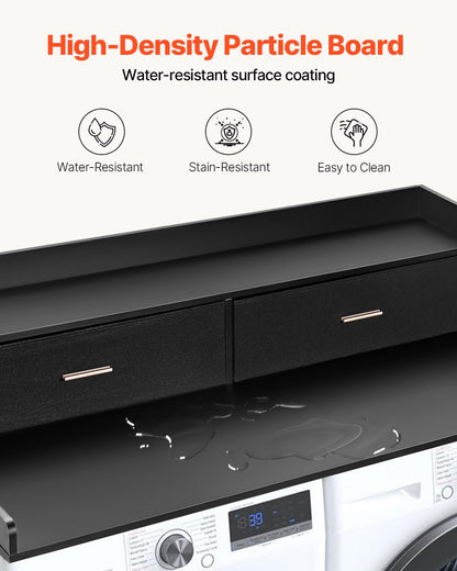 Bänkskiva med 2 lådor och hyllplan i två nivåer, 136 x 61 cm träbänkskiva för tvättmaskin och torktumlare med halkfria underlägg, vattentålig tvättyta för organisering av tvättstugan, svart