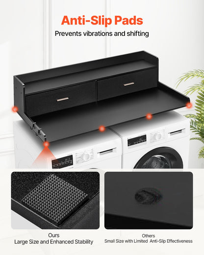 Bänkskiva med 2 lådor och hyllplan i två nivåer, 136 x 61 cm träbänkskiva för tvättmaskin och torktumlare med halkfria underlägg, vattentålig tvättyta för organisering av tvättstugan, svart