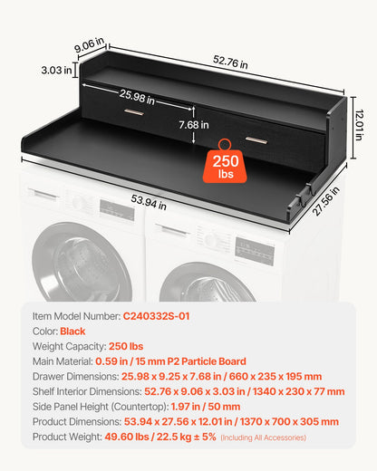 Bänkskiva med 2 lådor och hyllplan i två nivåer, 136 x 61 cm träbänkskiva för tvättmaskin och torktumlare med halkfria underlägg, vattentålig tvättyta för organisering av tvättstugan, svart