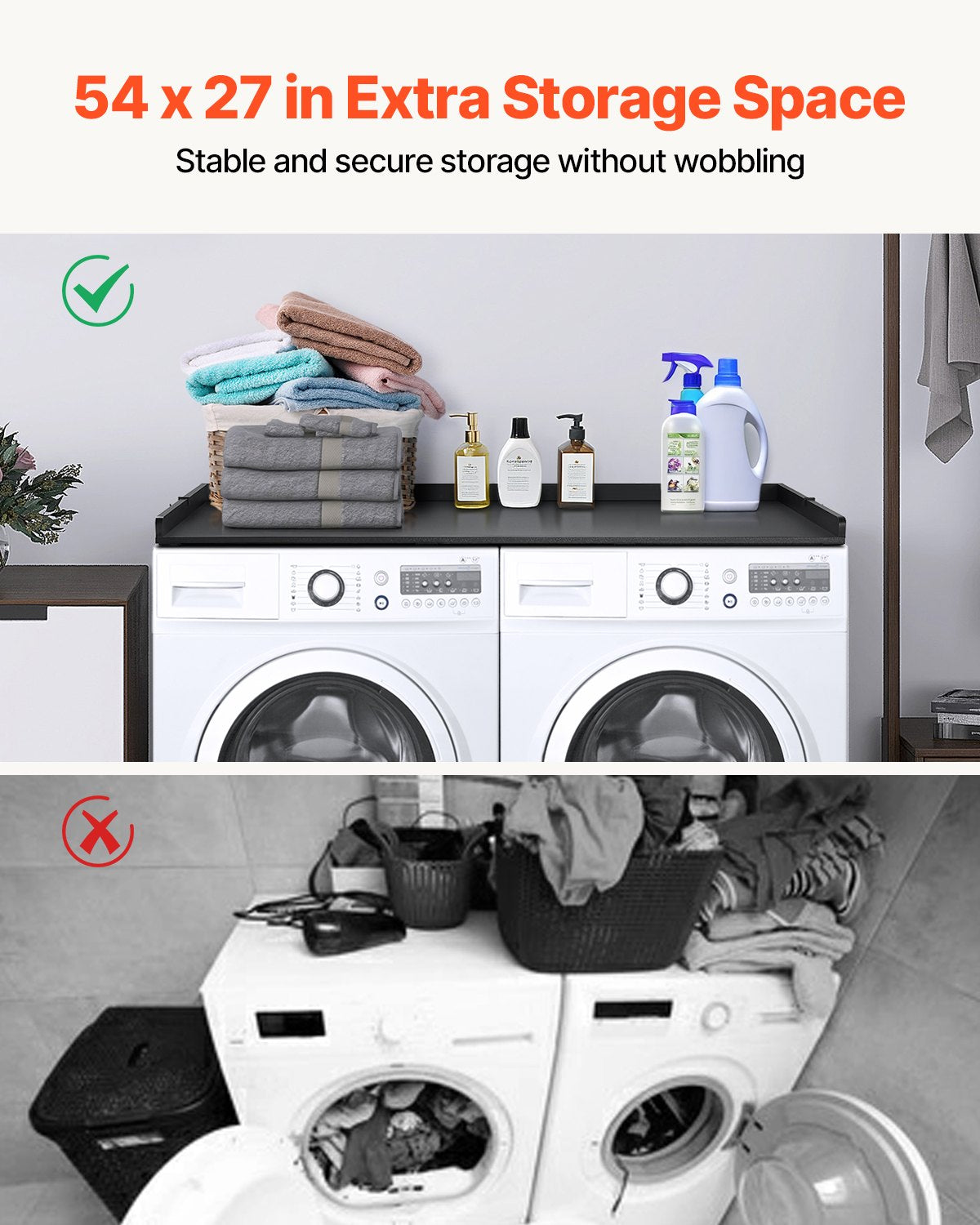 Bänkskiva för tvättmaskin/torktumlare, 136 x 61 cm bänkskiva i trä för tvättmaskin och torktumlare, vattentåligt tvättmaskinsöverdrag med halkfria dynor, för organisering och förvaring av tvättstugan, svart