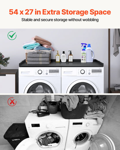 Bänkskiva för tvättmaskin/torktumlare, 136 x 61 cm bänkskiva i trä för tvättmaskin och torktumlare, vattentåligt tvättmaskinsöverdrag med halkfria dynor, för organisering och förvaring av tvättstugan, svart