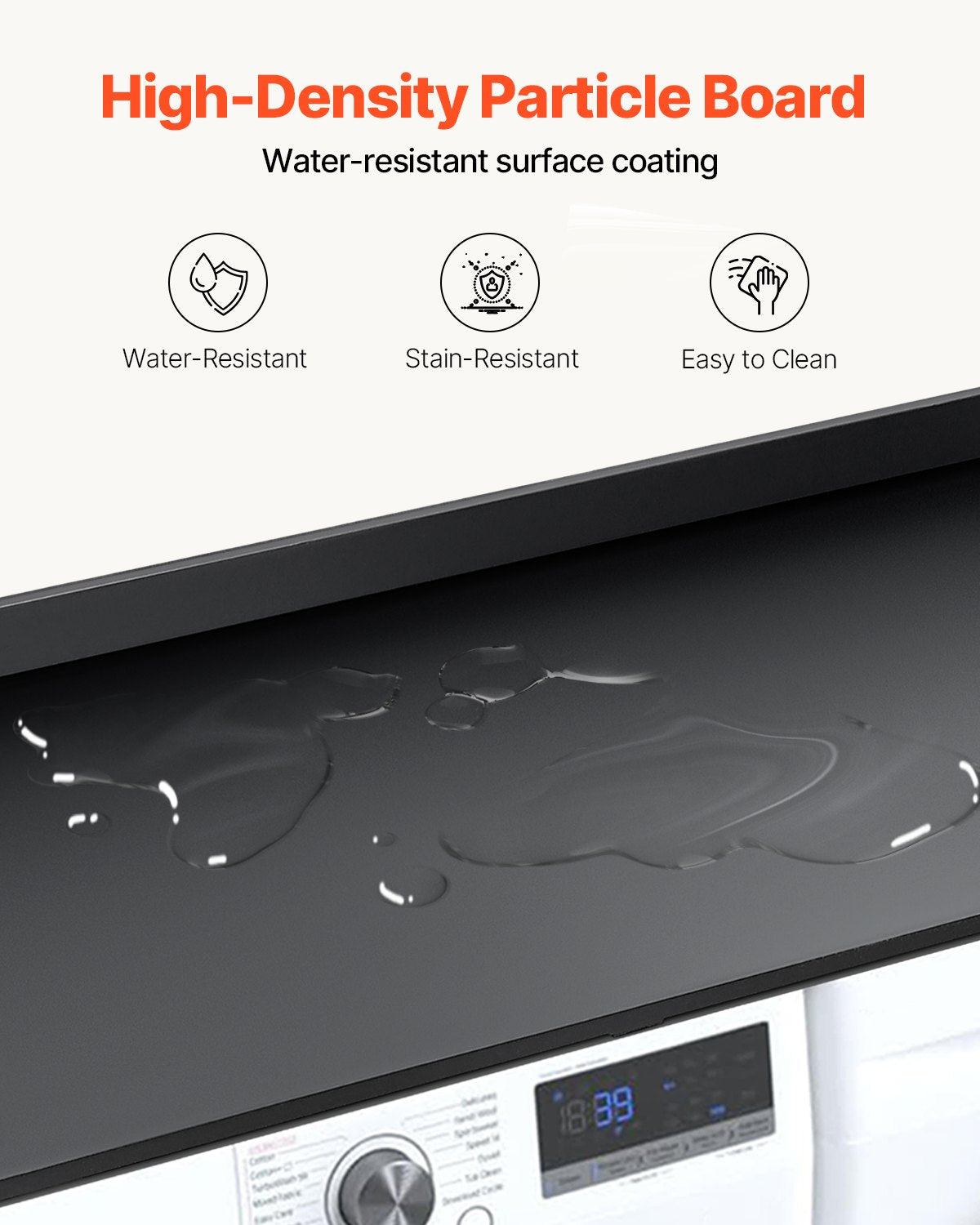 Bänkskiva för tvättmaskin/torktumlare, 136 x 61 cm bänkskiva i trä för tvättmaskin och torktumlare, vattentåligt tvättmaskinsöverdrag med halkfria dynor, för organisering och förvaring av tvättstugan, svart