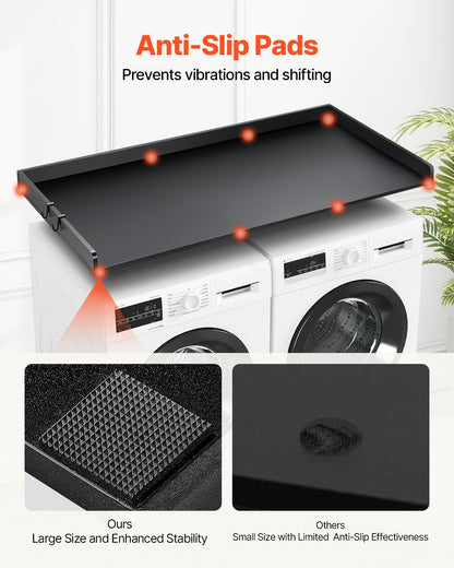 Bänkskiva för tvättmaskin/torktumlare, 136 x 61 cm bänkskiva i trä för tvättmaskin och torktumlare, vattentåligt tvättmaskinsöverdrag med halkfria dynor, för organisering och förvaring av tvättstugan, svart