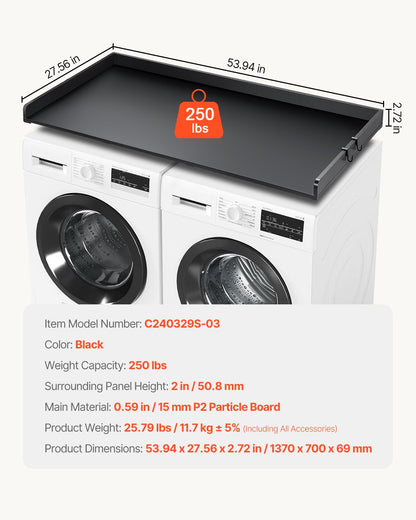 Bänkskiva för tvättmaskin/torktumlare, 136 x 61 cm bänkskiva i trä för tvättmaskin och torktumlare, vattentåligt tvättmaskinsöverdrag med halkfria dynor, för organisering och förvaring av tvättstugan, svart