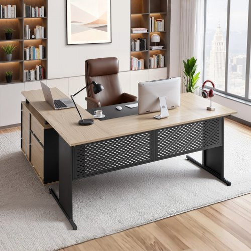 L-Shaped Executive Desk, Modern Reversible Office Table with Drawers & Storage Cabinet, Heavy Duty Large Wooden Executive Table, 158.7 KG Load Capacity, Easy Assembly, for Work Study Writing